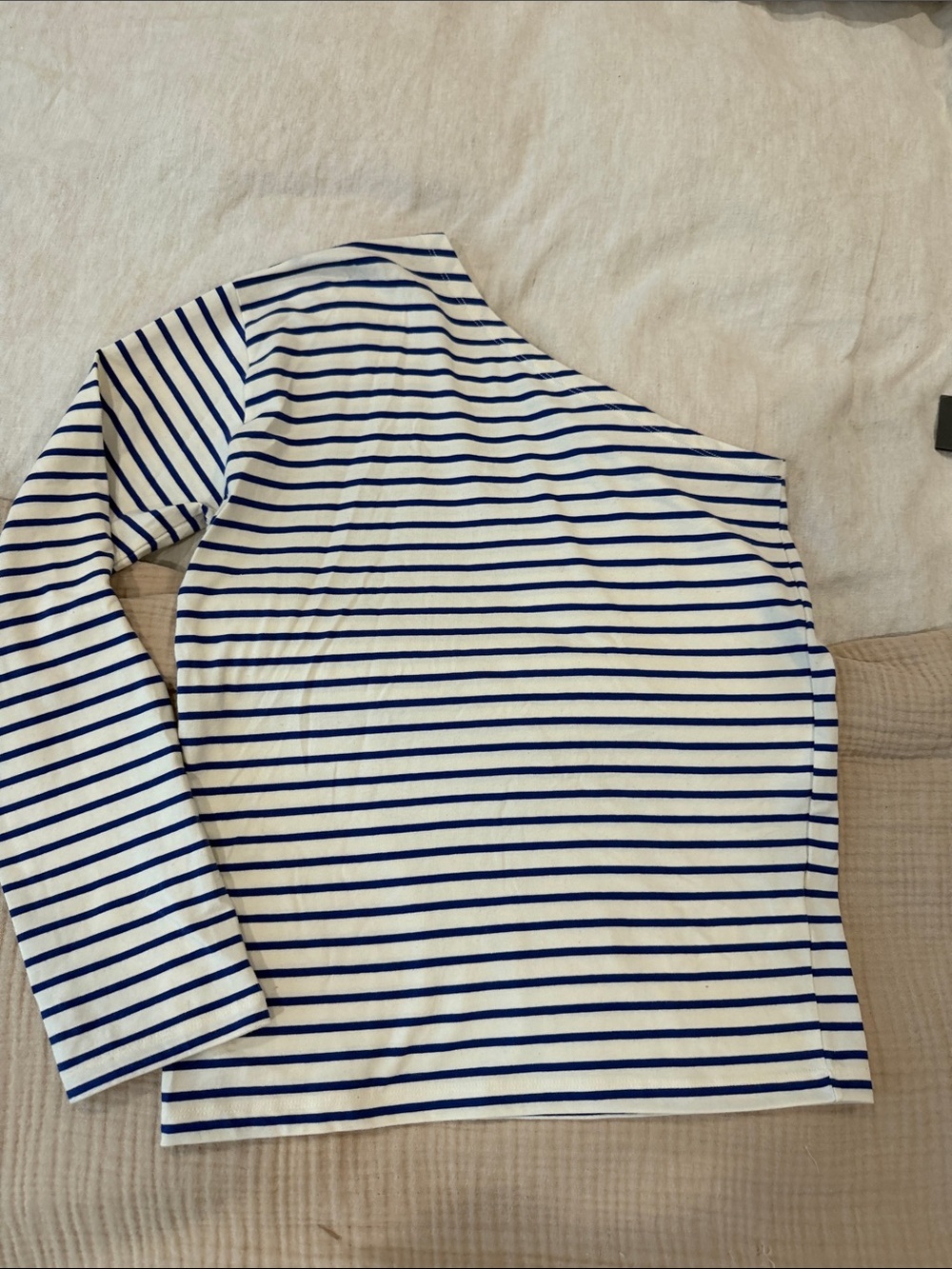 The Frankie Shop White and Blue Striped One-Shoulder Top